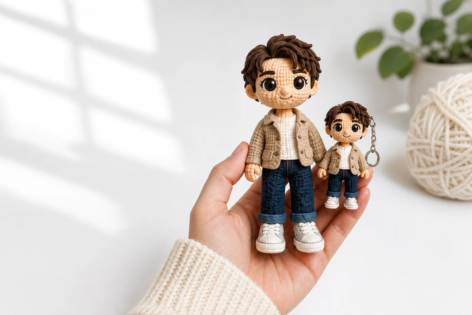 Two handmade crochet dolls in a hand beside yarn